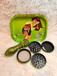 Image 6 of 3 Piece Glitter Glass Pipe Rolling Tray Set With a Large Grinder  