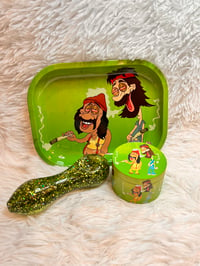 Image 8 of 3 Piece Glitter Glass Pipe Rolling Tray Set With a Large Grinder  