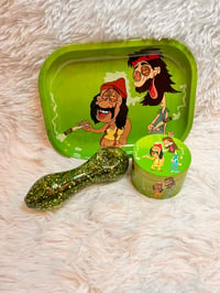 Image 11 of 3 Piece Glitter Glass Pipe Rolling Tray Set With a Large Grinder  