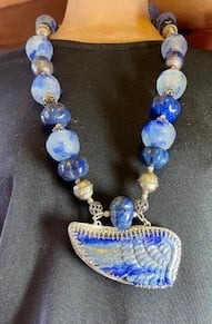 Image of Carved Lapis Wing, with huge Card Melon Beads & Vintage Silver Indonasion beads.
