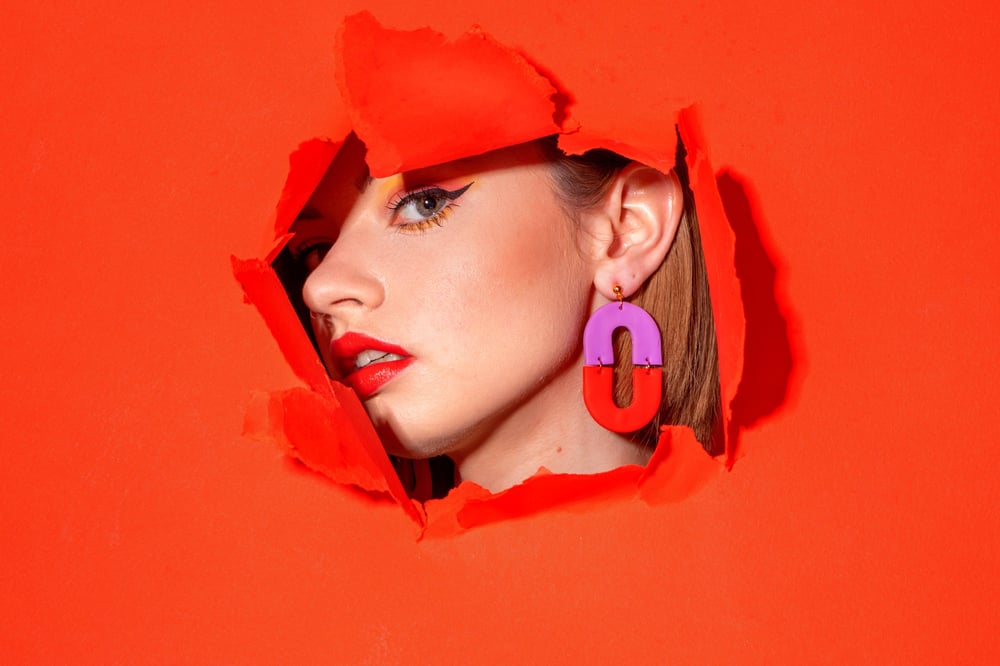 Image of Pill Drop Earrings, Red and Lilac