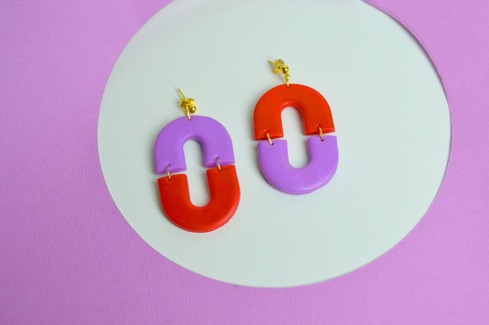 Image of Pill Drop Earrings, Red and Lilac