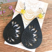 Image 1 of Black Wooden Teardrop Sunflower Earrings with Yellow Agate Gemstone Beads