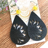 Image 2 of Black Wooden Teardrop Sunflower Earrings with Yellow Agate Gemstone Beads