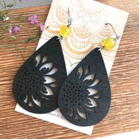 Image 3 of Black Wooden Teardrop Sunflower Earrings with Yellow Agate Gemstone Beads