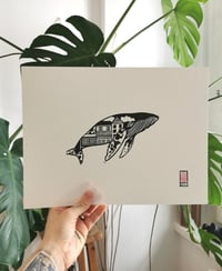 'city whale' linocut