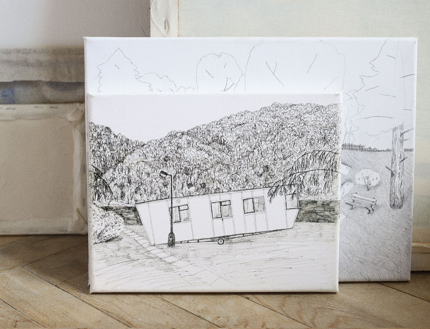 Image of CARAVAN DRAWING ON CANVAS