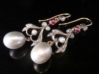 Image 1 of EDWARDIAN 18CT YELLOW GOLD SILVER RUBY PEARL AND DIAMOND DROP EARRINGS
