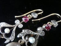 Image 2 of EDWARDIAN 18CT YELLOW GOLD SILVER RUBY PEARL AND DIAMOND DROP EARRINGS