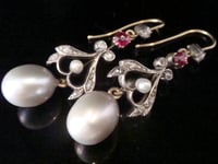 Image 4 of EDWARDIAN 18CT YELLOW GOLD SILVER RUBY PEARL AND DIAMOND DROP EARRINGS