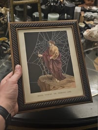 Image 1 of "Moses viewing the promised land" 1800's bible page with preserved spider web 