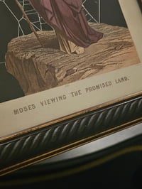 Image 3 of "Moses viewing the promised land" 1800's bible page with preserved spider web 