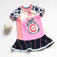 Image 1 of let's go cubbies 3T short sleeve dress courtneycourtney pink hearts navy blue chicago cubs wrigley