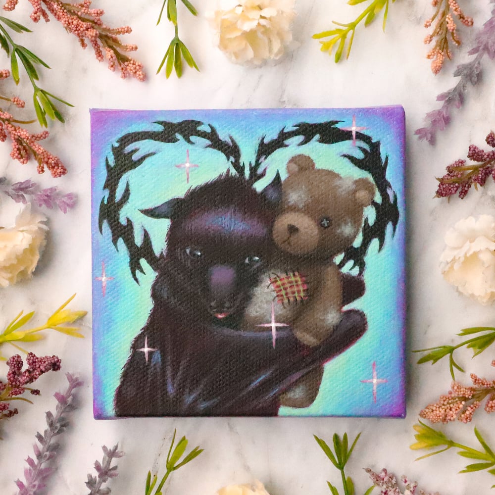 Image of "Emotional Support Plushie" Original acrylic painting on 4 inch square canvas