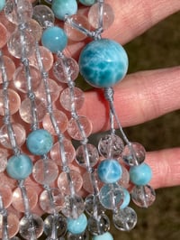 Image 1 of Dominican Larimar and Crystal Quartz Mala, Larimar 108 Bead Hand Knotted Gemstone Necklace