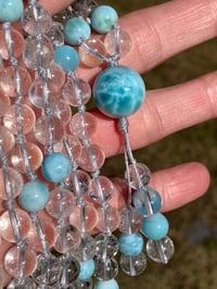 Image 2 of Dominican Larimar and Crystal Quartz Mala, Larimar 108 Bead Hand Knotted Gemstone Necklace