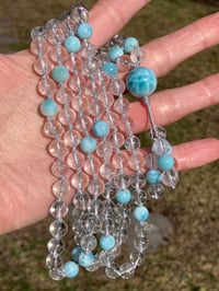 Image 3 of Dominican Larimar and Crystal Quartz Mala, Larimar 108 Bead Hand Knotted Gemstone Necklace