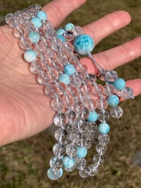 Image 4 of Dominican Larimar and Crystal Quartz Mala, Larimar 108 Bead Hand Knotted Gemstone Necklace