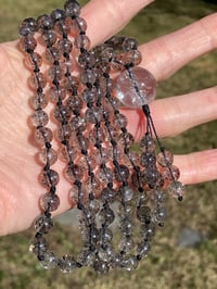 Image 2 of Biotite Mica in Crystal Quartz Mala Necklace, Black Strawberry Quartz 108 Bead Hand Knotted Gemstone
