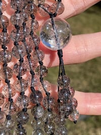 Image 3 of Biotite Mica in Crystal Quartz Mala Necklace, Black Strawberry Quartz 108 Bead Hand Knotted Gemstone
