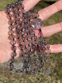 Image 4 of Biotite Mica in Crystal Quartz Mala Necklace, Black Strawberry Quartz 108 Bead Hand Knotted Gemstone