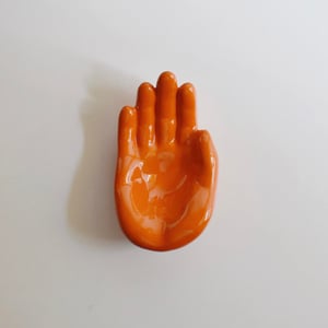 Image of Vintage 1980s French design hand shaped orange ceramic ashtray / decor object