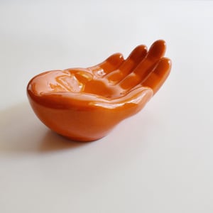 Image of Vintage 1980s French design hand shaped orange ceramic ashtray / decor object