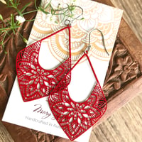Image 1 of Kite Shape Floral Mandala Filigree Dangle Earrings , Red Silver Gold