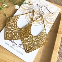 Image 2 of Kite Shape Floral Mandala Filigree Dangle Earrings , Red Silver Gold