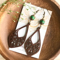 Image 1 of Rustic Brown Wooden Teardrop Earrings with Green Stone Beads Earrings