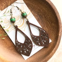 Image 3 of Rustic Brown Wooden Teardrop Earrings with Green Stone Beads Earrings