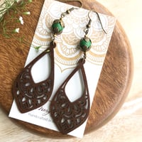 Image 4 of Rustic Brown Wooden Teardrop Earrings with Green Stone Beads Earrings