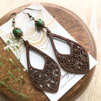 Image 2 of Rustic Brown Wooden Teardrop Earrings with Green Stone Beads Earrings