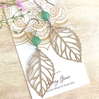 Image 1 of Metal Leaf and Green Aventurine Gemstone Dangle Earrings 