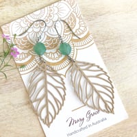 Image 3 of Metal Leaf and Green Aventurine Gemstone Dangle Earrings 