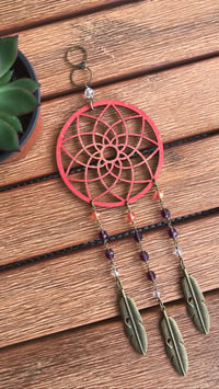 Image 5 of Decorative Red Wooden Mandala Hanger with Purple Czech Glass Beads and Bronze Feathers