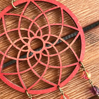 Image 3 of Decorative Red Wooden Mandala Hanger with Purple Czech Glass Beads and Bronze Feathers