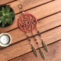 Image 1 of Decorative Red Wooden Mandala Hanger with Purple Czech Glass Beads and Bronze Feathers