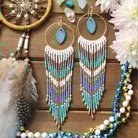 Image 1 of White, Gold, and Turquoise Fringe Earrings | Gold and Turquoise Feather Earrings