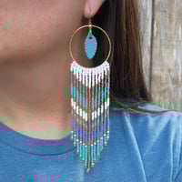 Image 3 of White, Gold, and Turquoise Fringe Earrings | Gold and Turquoise Feather Earrings