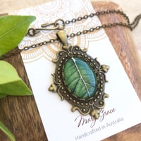 Image 1 of Green Leaf Glass Pendant , Woodland Vintage Style Necklace
