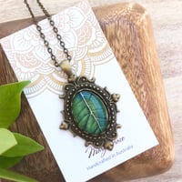 Image 2 of Green Leaf Glass Pendant , Woodland Vintage Style Necklace