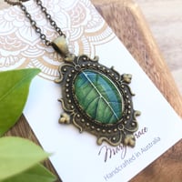 Image 3 of Green Leaf Glass Pendant , Woodland Vintage Style Necklace