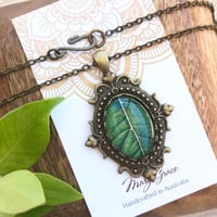 Image 4 of Green Leaf Glass Pendant , Woodland Vintage Style Necklace