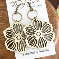 Image 3 of Natural Wooden Flower Dangle Earrings with Bronze Rings