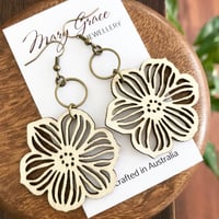 Image 2 of Natural Wooden Flower Dangle Earrings with Bronze Rings