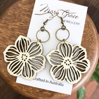 Image 4 of Natural Wooden Flower Dangle Earrings with Bronze Rings