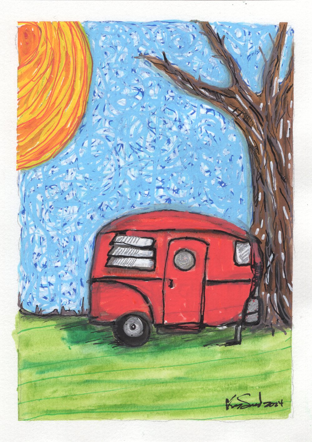 KS ORIGINAL 5x7 acrylic/paint pen on paper, 'We Took The Car To Town'
