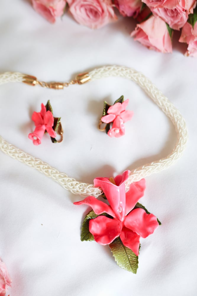 Image of Vintage Hot Pink Lily Costume Jewelry Set 