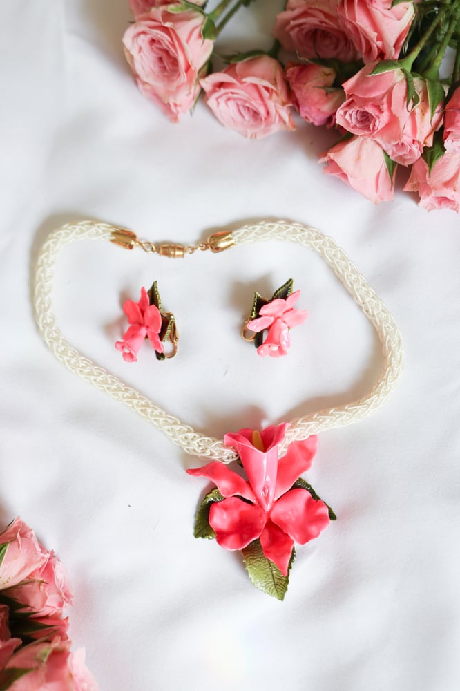Image of Vintage Hot Pink Lily Costume Jewelry Set 